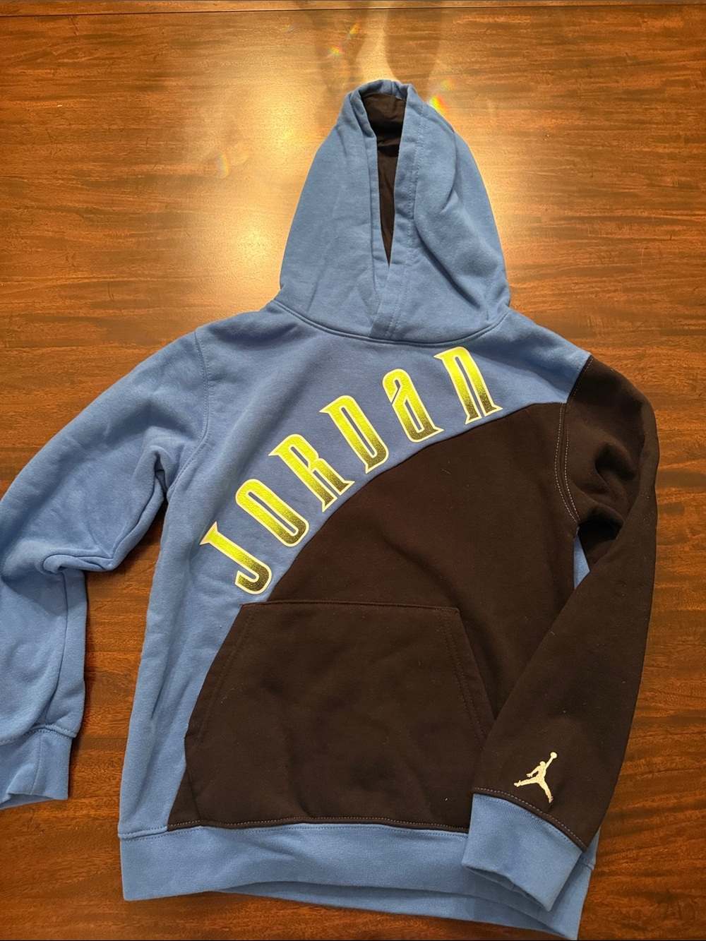 Jordan Blue and Black Colorblock Hoodie with Yellow Logo